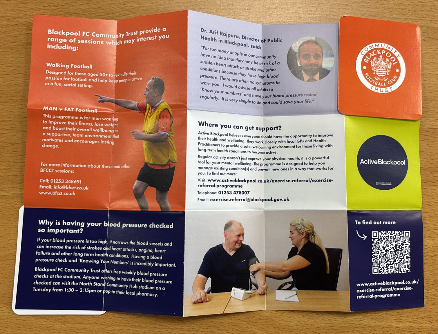 The reverse of the 'z' card leaflet which includes information about blood pressure checks and physical activity opportunities.